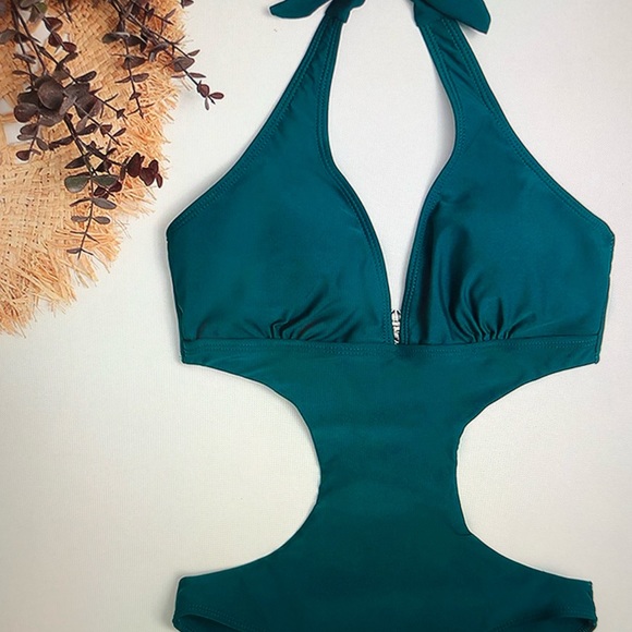 Deep GREEN Halter with Plunging V-Neck MONOKINI (New!) - Picture 3 of 4